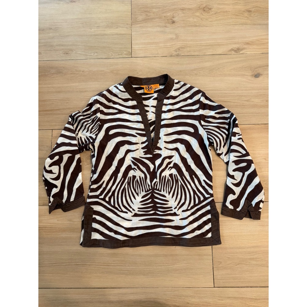 Tory Burch Brown Zebra Print Cotton Tunic Top Split V-Neck Size 12 12071011
